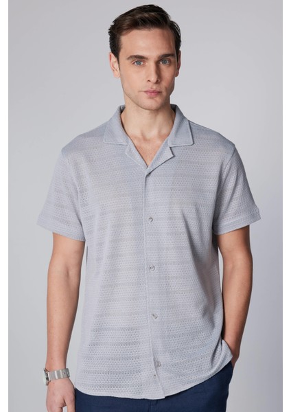 Slim Fit Kısa Kollu Dar Kesim Apaj Yaka Örme Kumaş Yazlık Gri Erkek Gömlek