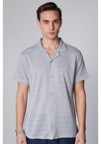 Slim Fit Kısa Kollu Dar Kesim Apaj Yaka Örme Kumaş Yazlık Gri Erkek Gömlek