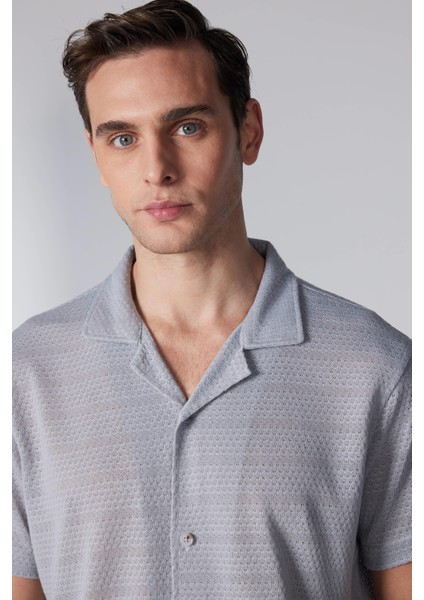 Slim Fit Kısa Kollu Dar Kesim Apaj Yaka Örme Kumaş Yazlık Gri Erkek Gömlek