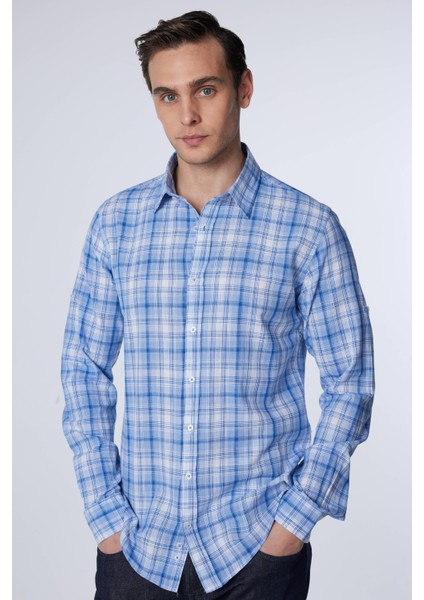 Slim Fit Uzun Kollu Dar Kesim Kareli Keten Doku Yazlık Erkek Gömlek