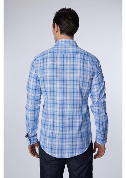 Slim Fit Uzun Kollu Dar Kesim Kareli Keten Doku Yazlık Erkek Gömlek