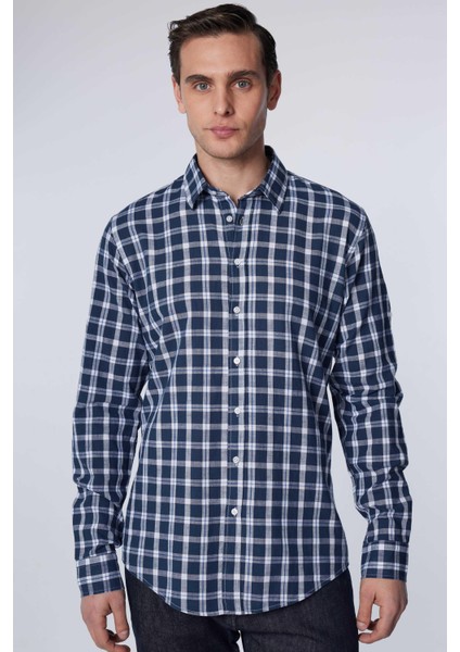 Slim Fit Uzun Kollu Dar Kesim Kareli Keten Doku Yazlık Erkek Gömlek