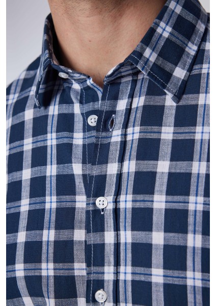 Slim Fit Uzun Kollu Dar Kesim Kareli Keten Doku Yazlık Erkek Gömlek