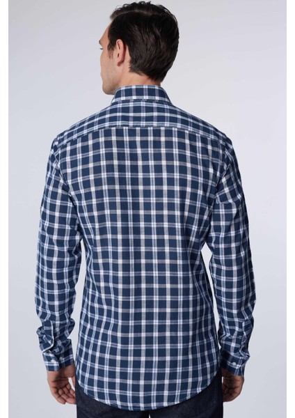 Slim Fit Uzun Kollu Dar Kesim Kareli Keten Doku Yazlık Erkek Gömlek