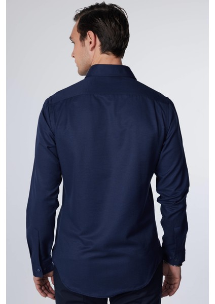 Slim Fit Uzun Kollu Dar Kesim Fleto Tek Cep Armürlü Pamuklu Lacivert Erkek Gömlek indirimleri