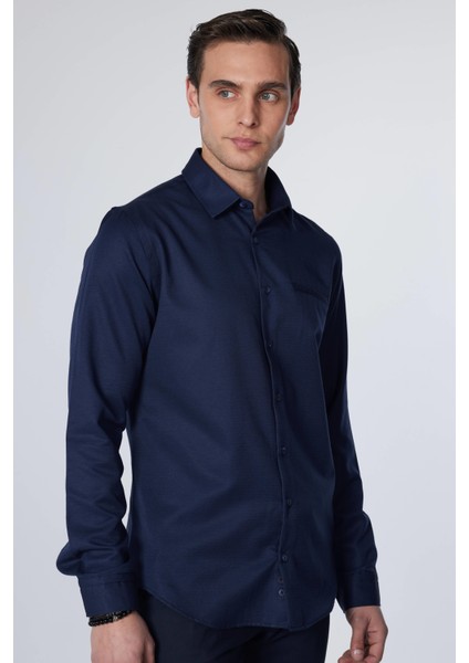 Slim Fit Uzun Kollu Dar Kesim Fleto Tek Cep Armürlü Pamuklu Lacivert Erkek Gömlek fiyatları