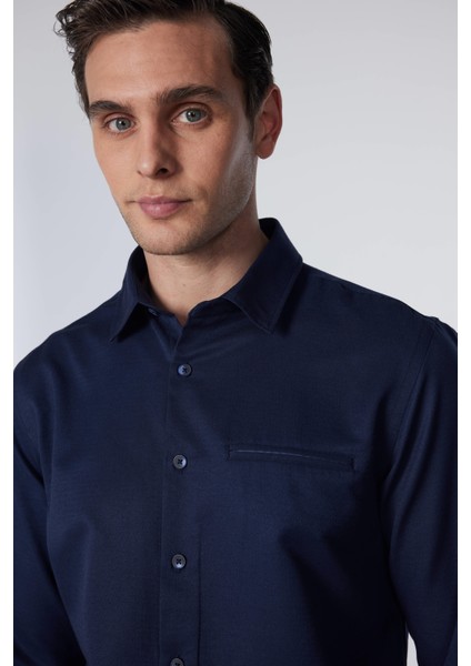 Slim Fit Uzun Kollu Dar Kesim Fleto Tek Cep Armürlü Pamuklu Lacivert Erkek Gömlek modelleri