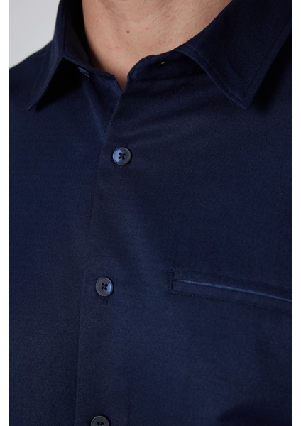 Slim Fit Uzun Kollu Dar Kesim Fleto Tek Cep Armürlü Pamuklu Lacivert Erkek Gömlek fırsatları