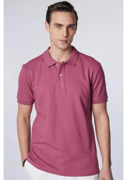 Erkek Slim Fit Dar Kesim %100 Pamuk Düz Pike Mor Polo Yaka Tişört