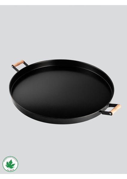 Ahşap Kulplu Yuvarlak Metal Servis Tepsisi 51 Cm, Kahve Tepsisi, Sunum Tepsisi