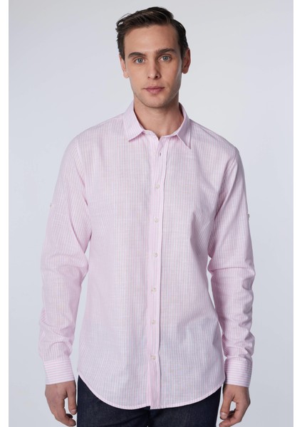 Slim Fit Uzun Kollu Dar Kesim Çizgili Yazlık Keten Doku Erkek Gömlek