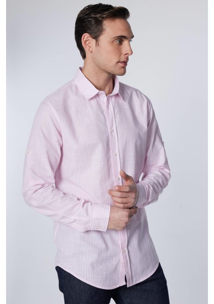 Slim Fit Uzun Kollu Dar Kesim Çizgili Yazlık Keten Doku Erkek Gömlek