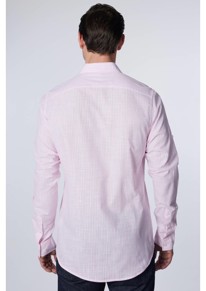 Slim Fit Uzun Kollu Dar Kesim Çizgili Yazlık Keten Doku Erkek Gömlek