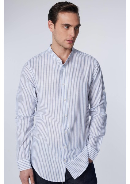 Slim Fit Uzun Kollu Dar Kalıp Hakim Yaka Çizgili Yazlık Keten Doku Erkek Gömlek