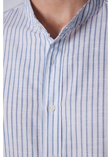 Slim Fit Uzun Kollu Dar Kalıp Hakim Yaka Çizgili Yazlık Keten Doku Erkek Gömlek