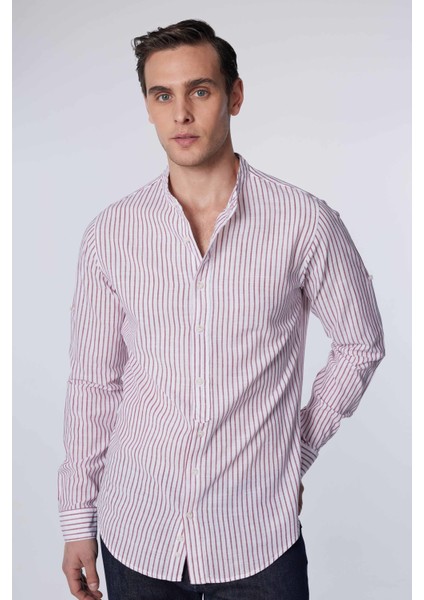 Slim Fit Uzun Kollu Dar Kalıp Hakim Yaka Çizgili Yazlık Keten Doku Erkek Gömlek