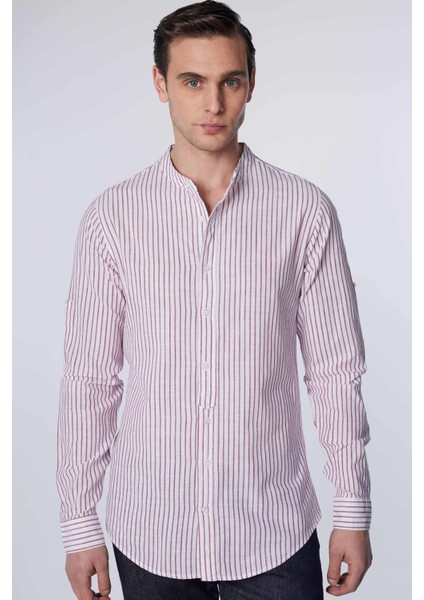 Slim Fit Uzun Kollu Dar Kalıp Hakim Yaka Çizgili Yazlık Keten Doku Erkek Gömlek