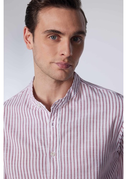 Slim Fit Uzun Kollu Dar Kalıp Hakim Yaka Çizgili Yazlık Keten Doku Erkek Gömlek