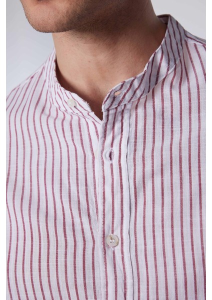 Slim Fit Uzun Kollu Dar Kalıp Hakim Yaka Çizgili Yazlık Keten Doku Erkek Gömlek