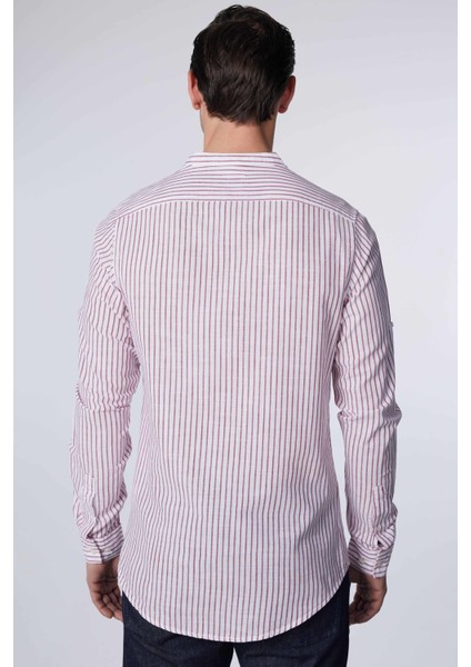 Slim Fit Uzun Kollu Dar Kalıp Hakim Yaka Çizgili Yazlık Keten Doku Erkek Gömlek