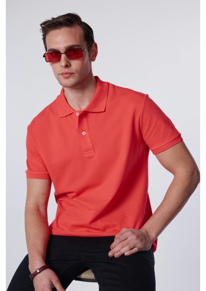 Erkek Slim Fit Dar Kesim Pamuk Düz Pike Nar Polo Yaka Tişört