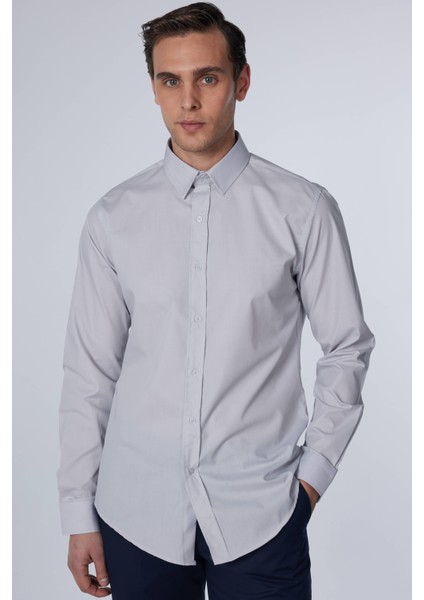 Slim Fit Uzun Kollu Pamuklu Kolay Ütü Gri Erkek Gömlek
