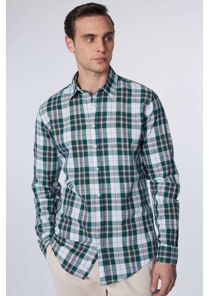 Slim Fit Uzun Kollu Dar Kalıp Kareli Keten Doku Yazlık Erkek Gömlek
