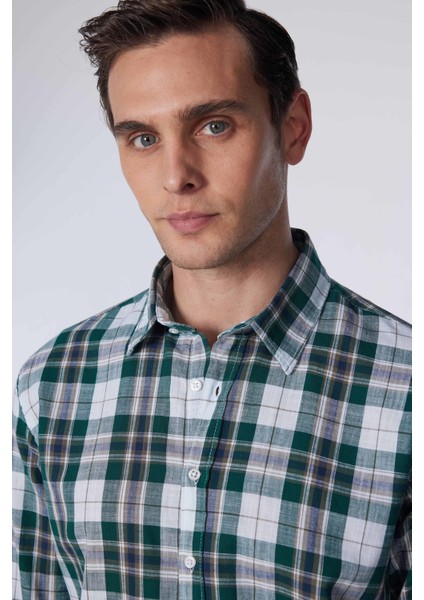 Slim Fit Uzun Kollu Dar Kalıp Kareli Keten Doku Yazlık Erkek Gömlek