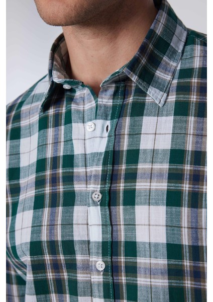 Slim Fit Uzun Kollu Dar Kalıp Kareli Keten Doku Yazlık Erkek Gömlek