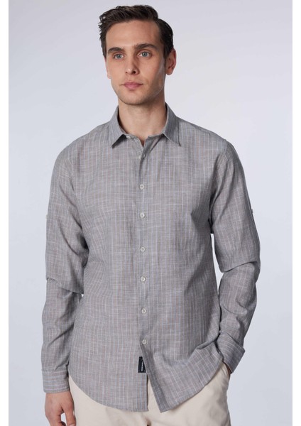 Erkek Slim Fit Dar Kesim Uzun Kollu %100 Pamuk Keten Doku Çizgili Gömlek