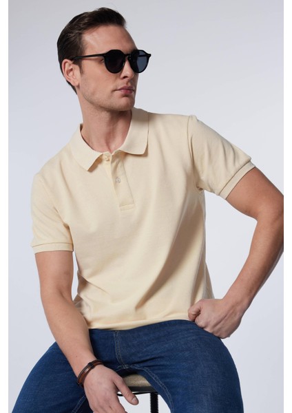 Erkek Slim Fit Dar Kesim Pamuk Düz Pike Ekru Polo Yaka Tişört