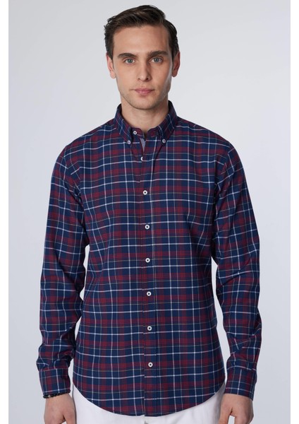 Slim Fit Uzun Kollu Düğmeli Yaka Kareli Pamuklu Kolay Ütü Erkek Gömlek