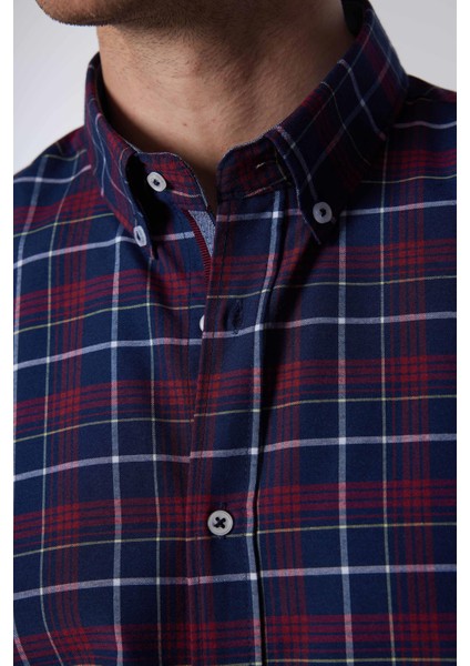 Slim Fit Uzun Kollu Düğmeli Yaka Kareli Pamuklu Kolay Ütü Erkek Gömlek