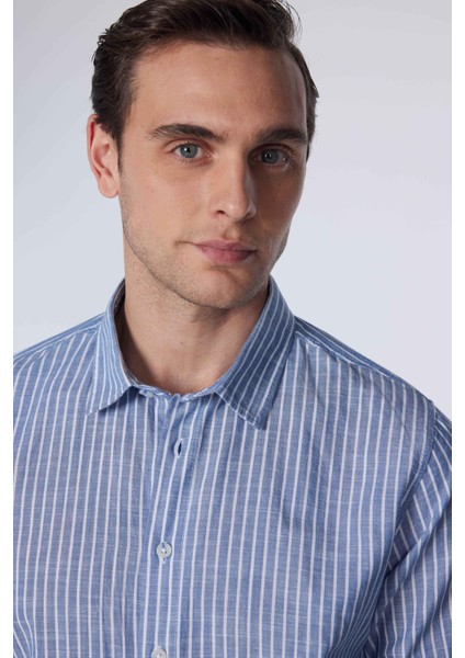 Erkek Slim Fit Dar Kesim Uzun Kollu %100 Pamuk Keten Doku Çizgili Gömlek modelleri