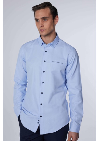 Slim Fit Uzun Kollu Dar Kesim Fleto Tek Cep Armürlü Pamuklu Mavi Erkek Gömlek