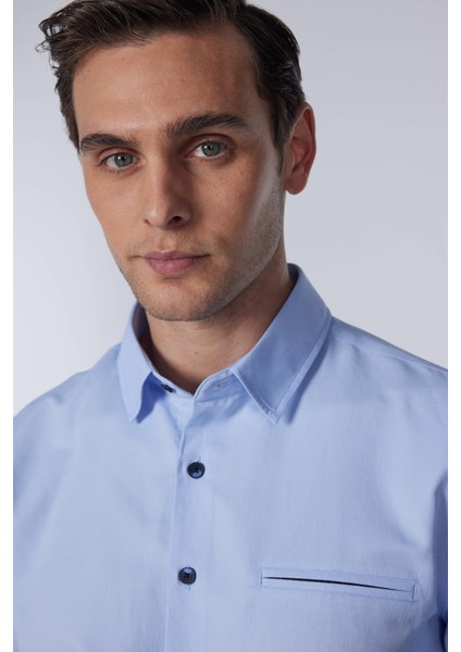 Slim Fit Uzun Kollu Dar Kesim Fleto Tek Cep Armürlü Pamuklu Mavi Erkek Gömlek