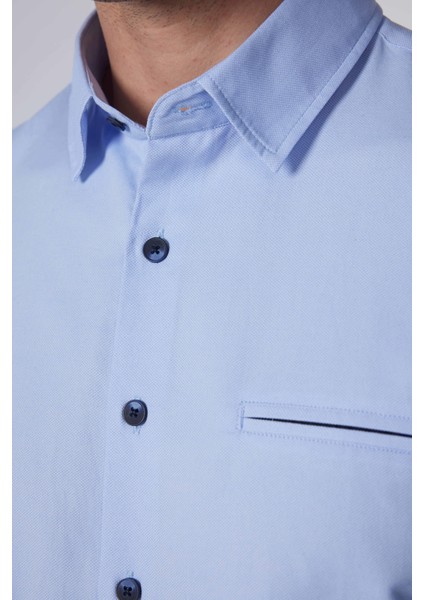 Slim Fit Uzun Kollu Dar Kesim Fleto Tek Cep Armürlü Pamuklu Mavi Erkek Gömlek