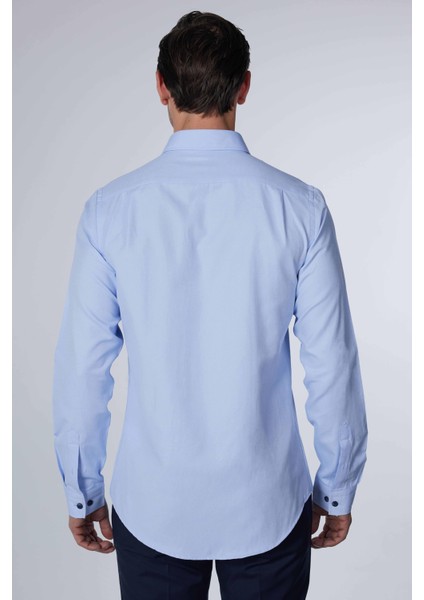 Slim Fit Uzun Kollu Dar Kesim Fleto Tek Cep Armürlü Pamuklu Mavi Erkek Gömlek