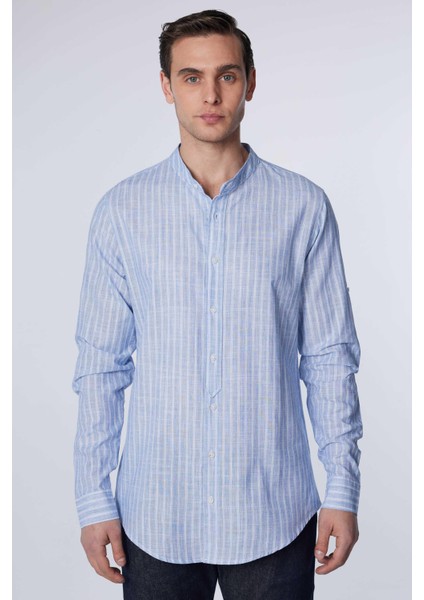 Slim Fit Uzun Kollu Dar Kesim Hakim Yaka Çizgili Yazlık Keten Doku Erkek Gömlek