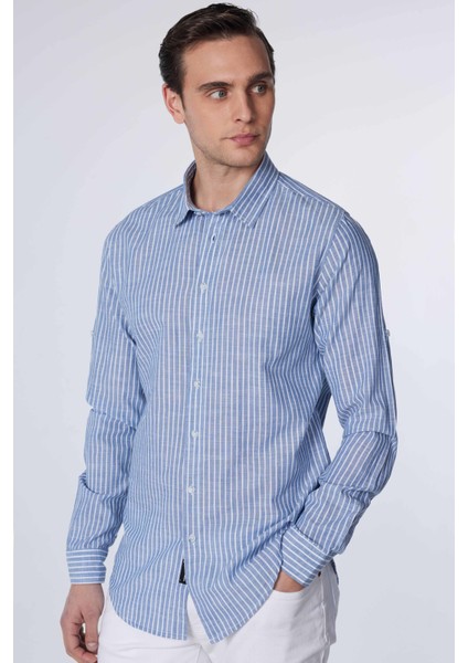 Slim Fit Uzun Kollu Dar Kalıp Çizgili Yazlık Keten Doku Erkek Gömlek