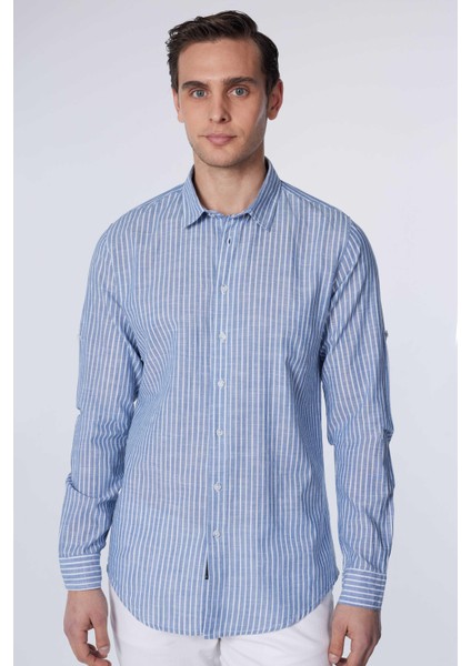 Slim Fit Uzun Kollu Dar Kalıp Çizgili Yazlık Keten Doku Erkek Gömlek