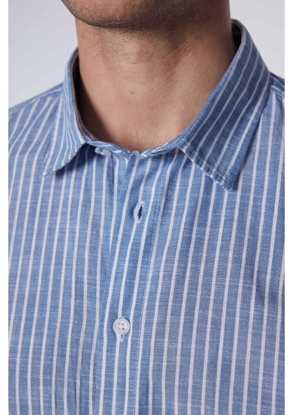 Slim Fit Uzun Kollu Dar Kalıp Çizgili Yazlık Keten Doku Erkek Gömlek