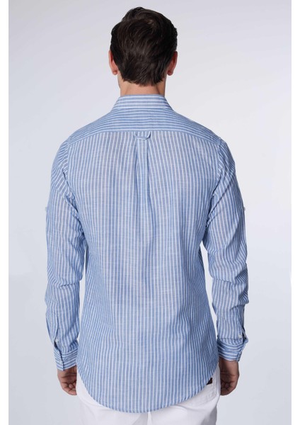 Slim Fit Uzun Kollu Dar Kalıp Çizgili Yazlık Keten Doku Erkek Gömlek