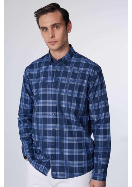 Klasik Fit Uzun Kollu Düğmeli Yaka Küçük Kareli Pamuklu Erkek Gömlek fiyatları