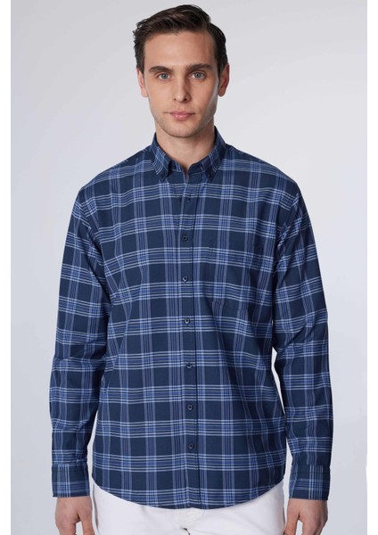Klasik Fit Uzun Kollu Düğmeli Yaka Küçük Kareli Pamuklu Erkek Gömlek modelleri