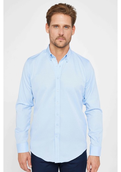 Slim Fit Uzun Kollu Dar Kesim Düğmeli Yaka Pamuklu Düz Oxford Mavi Erkek Gömlek fiyatları
