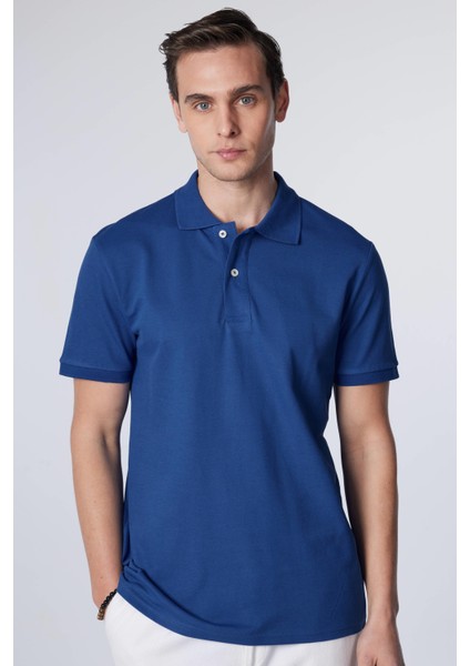 Erkek Slim Fit Dar Kesim %100 Pamuk Düz Pike Indigo Polo Yaka Tişört