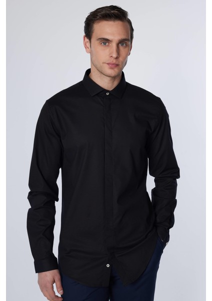 Slim Fit Uzun Kollu Dar Kesim Gizli Pat Pamuklu Siyah Erkek Gömlek