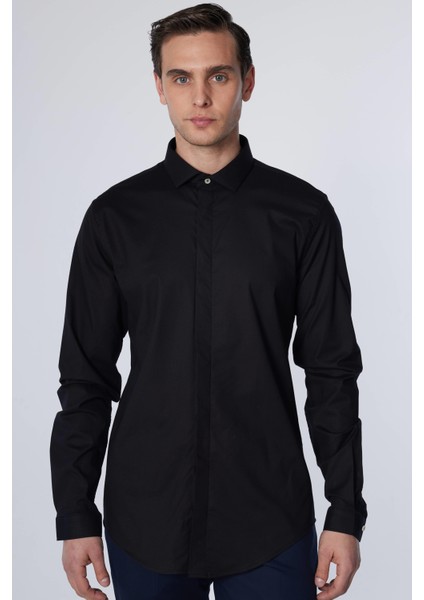 Slim Fit Uzun Kollu Dar Kesim Gizli Pat Pamuklu Siyah Erkek Gömlek fiyatları