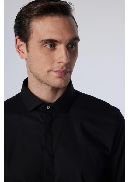 Slim Fit Uzun Kollu Dar Kesim Gizli Pat Pamuklu Siyah Erkek Gömlek modelleri